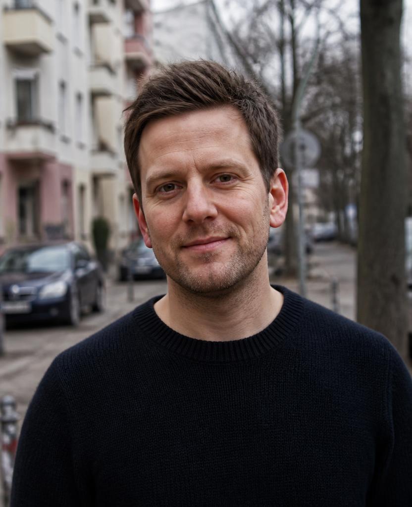 Portrait of a smiling man with the Berlin skyline behind him