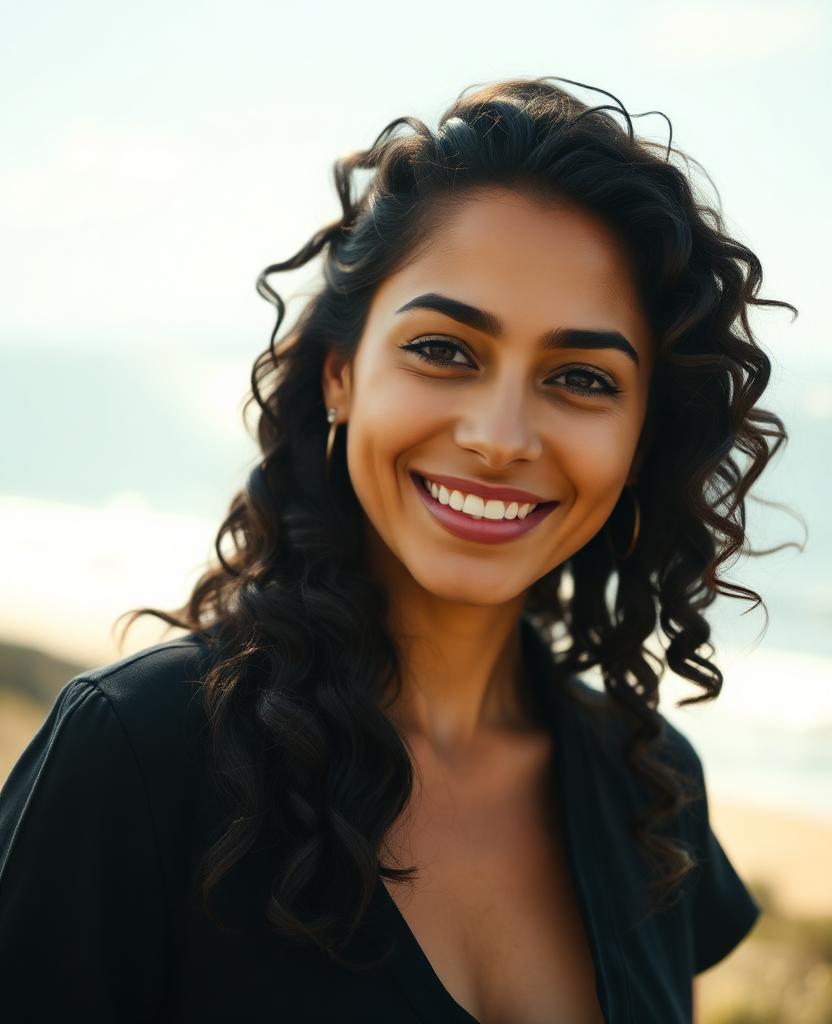 Portrait of a smiling woman with a Brazilian coastline behind her
