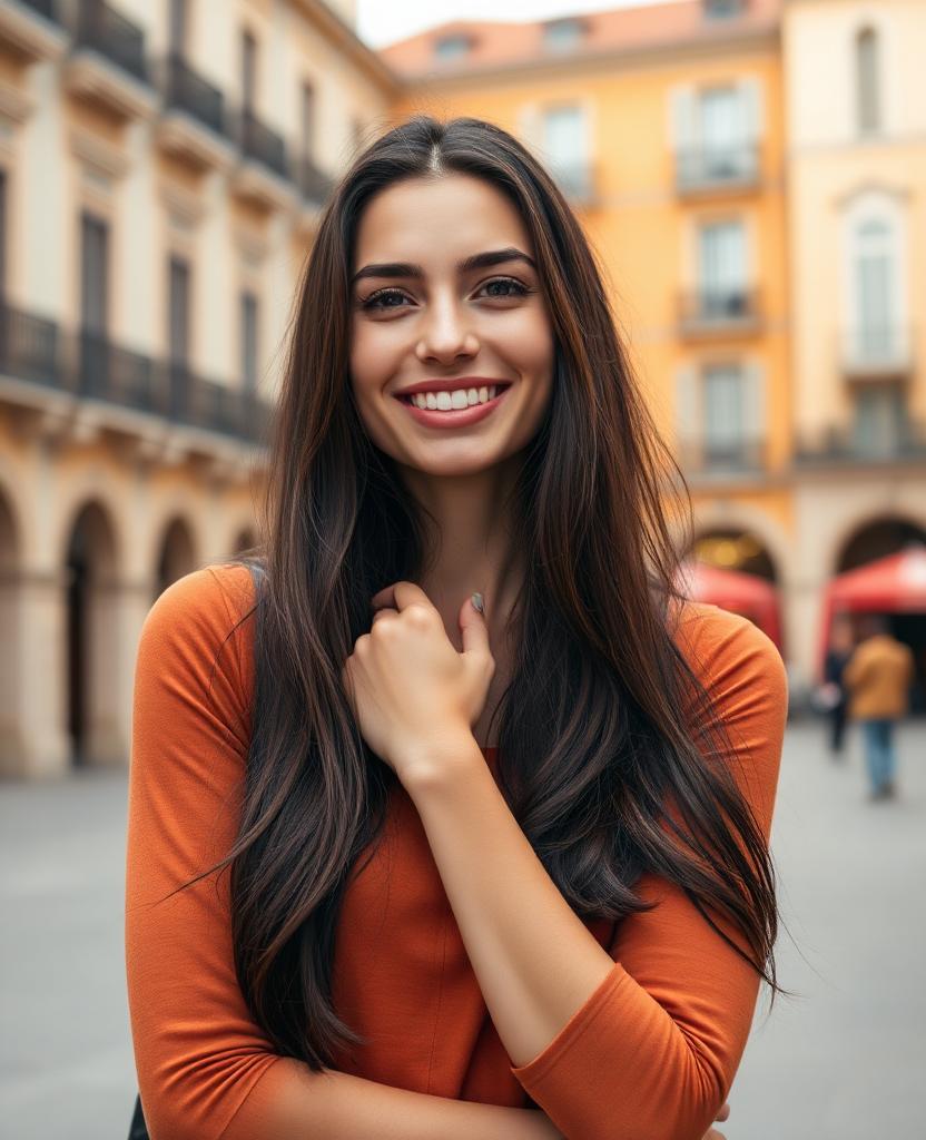 Portrait of a smiling woman in a sunlit European plaza
