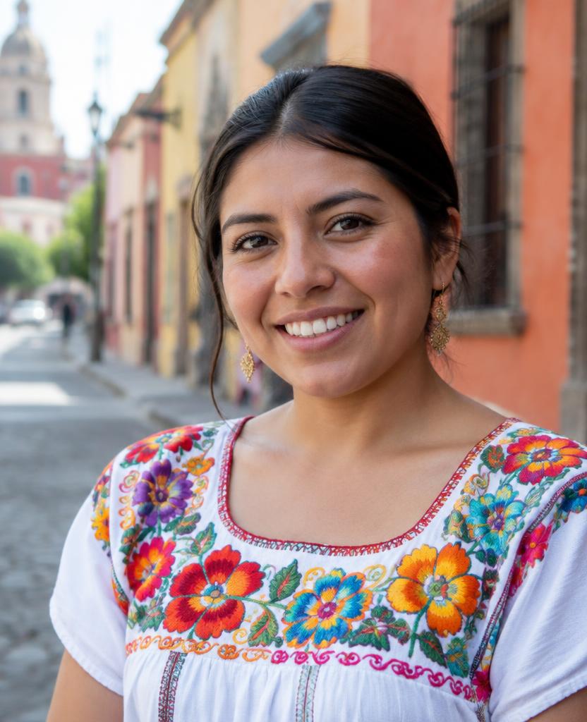 Portrait of a smiling woman on a colonial Mexican street