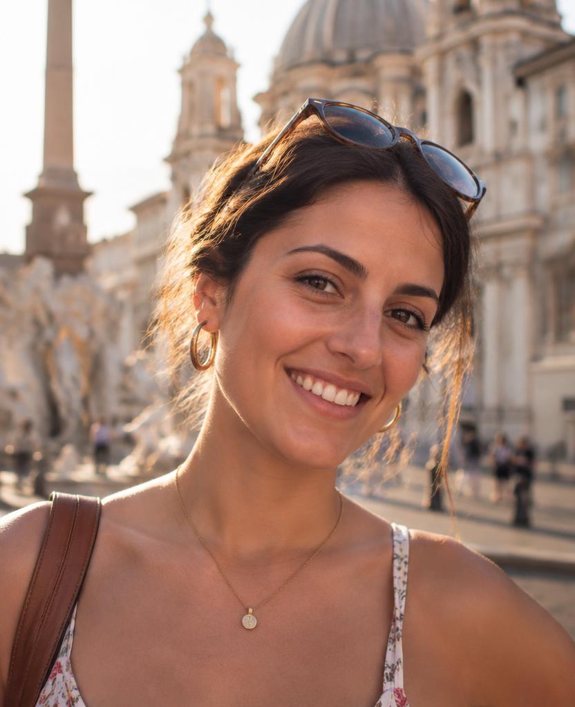 Portrait of a smiling woman in a Rome piazza