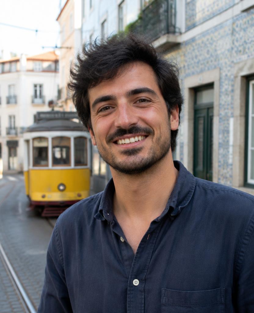 Portrait of a smiling man on a Lisbon street with a tram